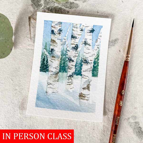 Artist Trading Cards: Winter Trees -Birch + Pine taught by Lily Rogers-Grant